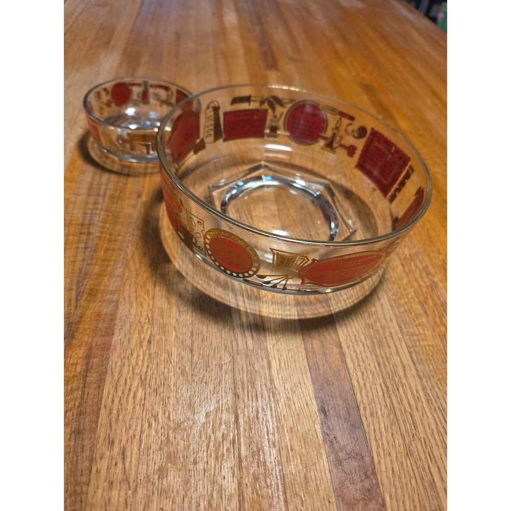 Vintage MCM Glass Chip and Dip Bowl Set Red Gold Recipe Print Mid Century Modern